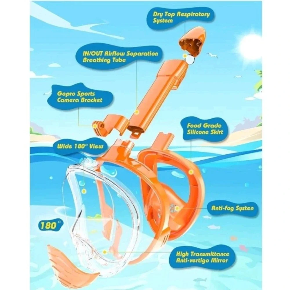 QingSong Kids Full Face Snorkel Mask XS Orange w/ Camera Mount